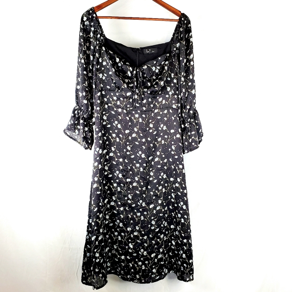 Lulus Black Floral Satin Midi‎ Dress